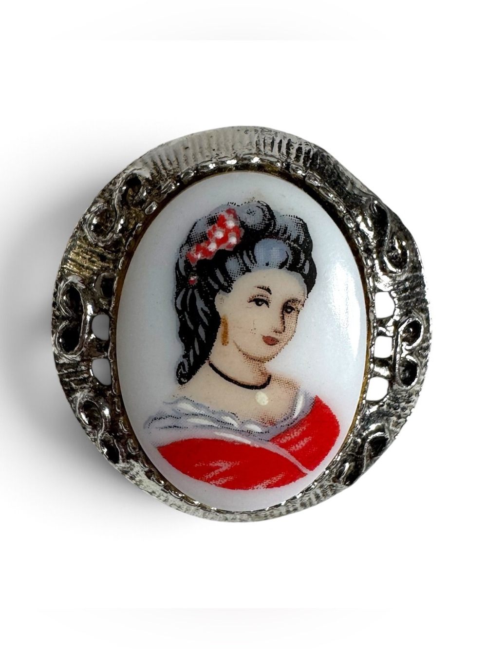 Vtg Lady Portrait Transferware Cameo Brooch Red Dress Victorian Revival READ